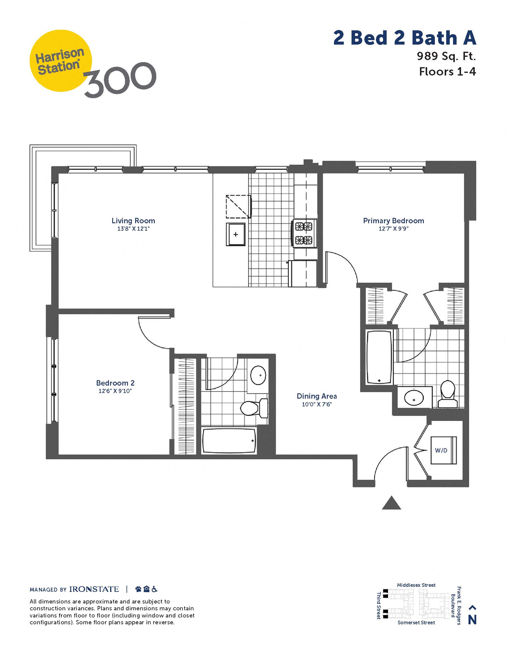 Floor plan for 2 beds, 2 baths, 989 sqft